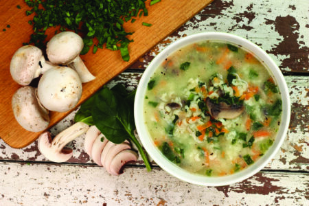 Rice Soup with Mushrooms and Spinach